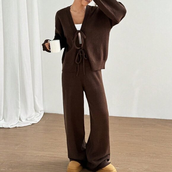 Brown Casual Women's Tie-Front Cardigan And Sweatpants Set - Picture 4 of 7